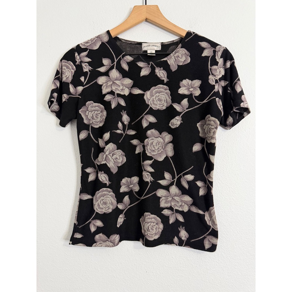 Vintage 90's Frazier‎ Lawrence - Black and Silver Rose Floral Top Size M